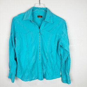 Scully Blue Pearl Snap Button Down Blouse Top Size Medium